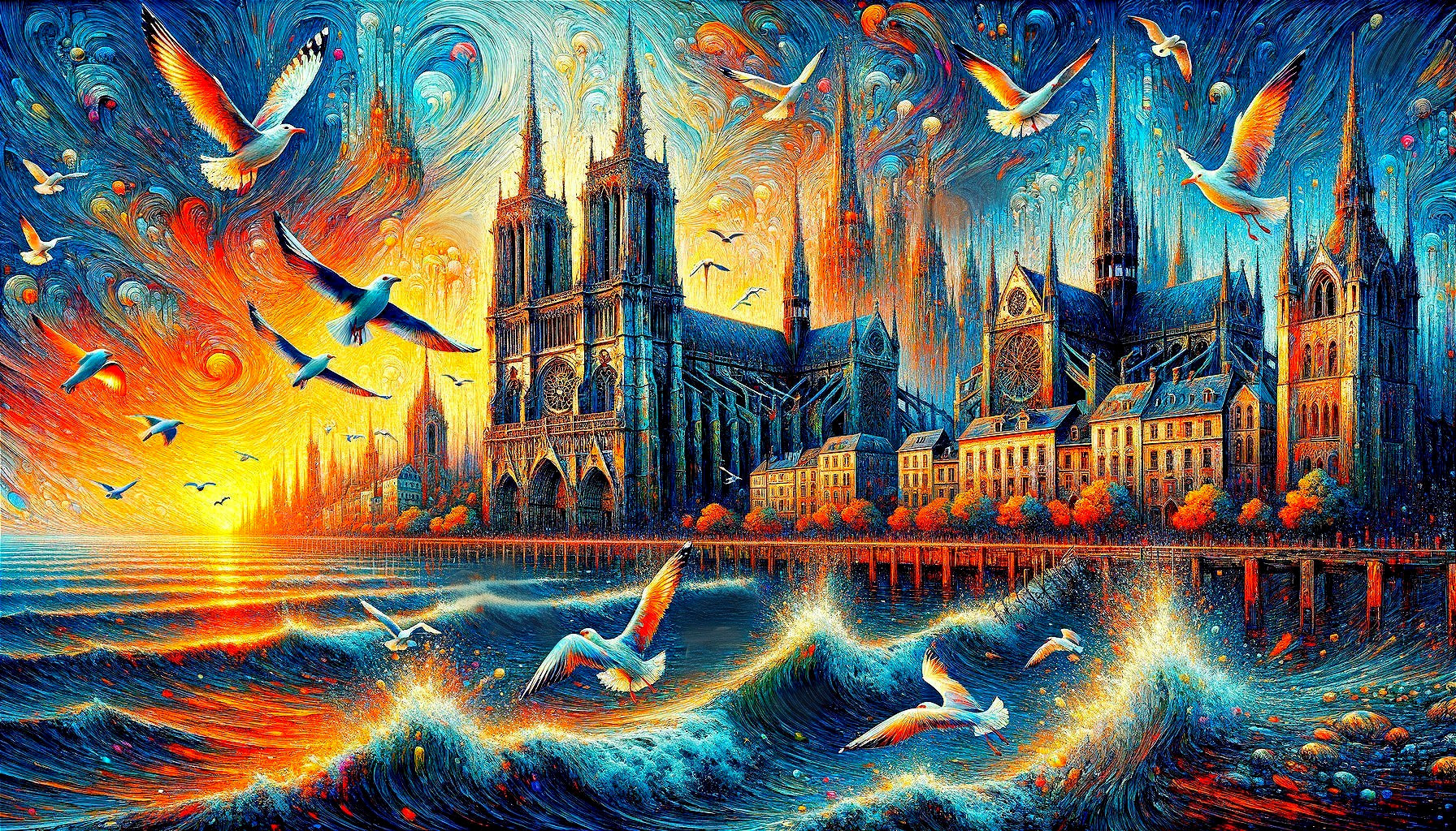 Grand Cathedral by the Sea at Sunset Scene