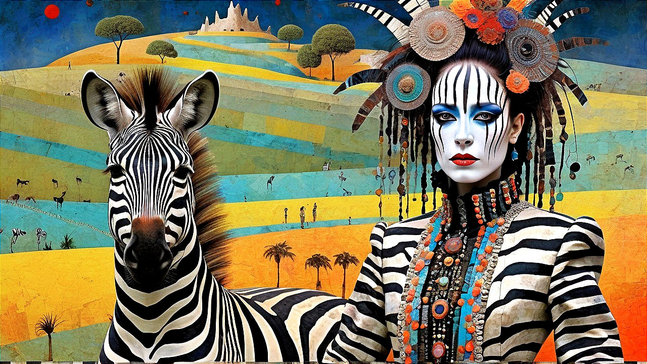 Zebra and Woman in Stripes Against Colorful Landscape