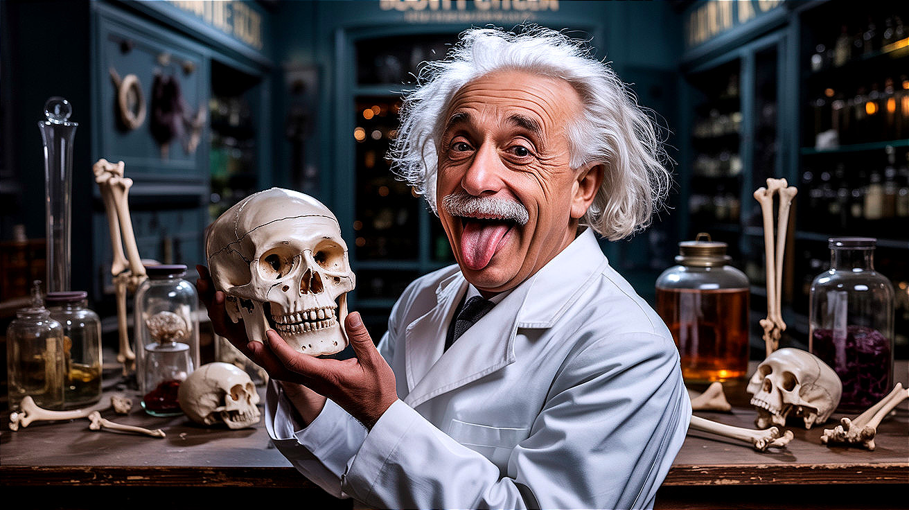 Playful Scientist in Vintage Laboratory with Skulls