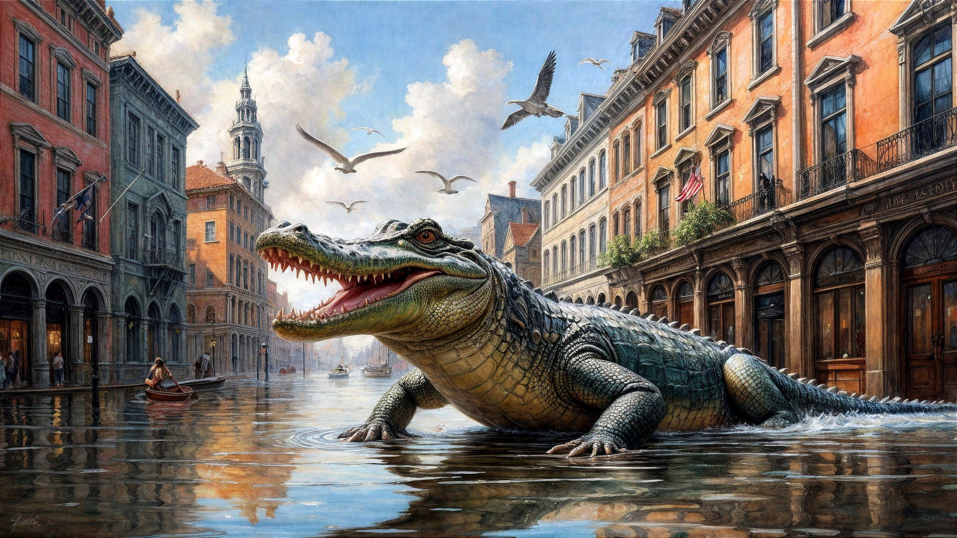 Crocodile in Urban Canal with Historic Buildings