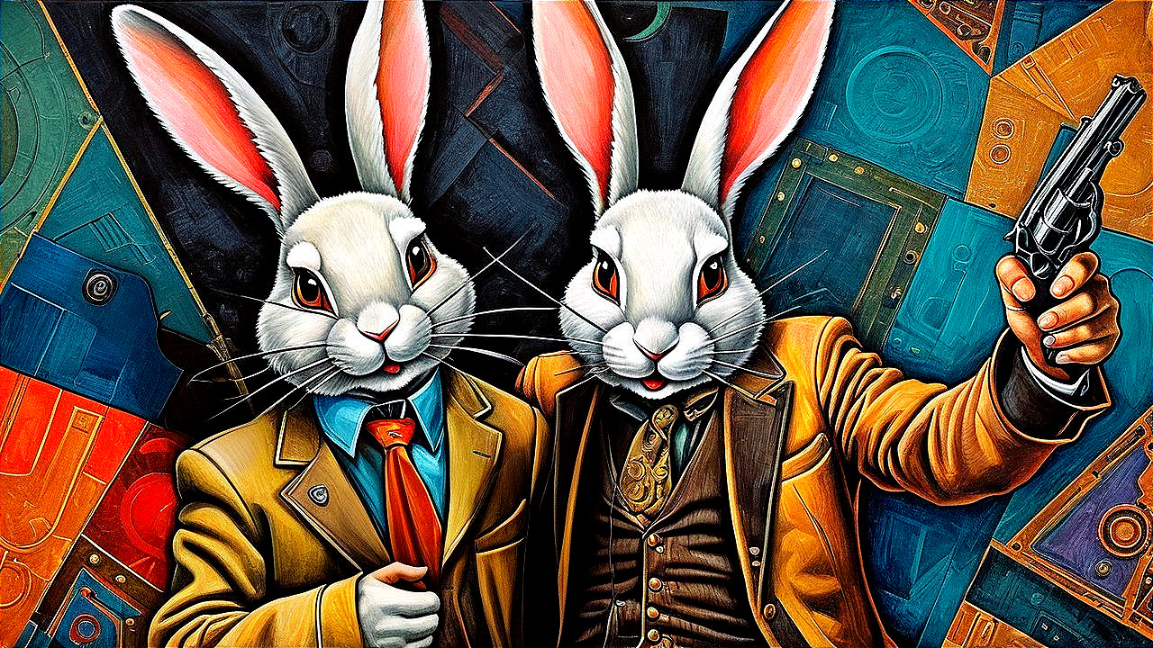 Anthropomorphic rabbits in suits with vibrant background