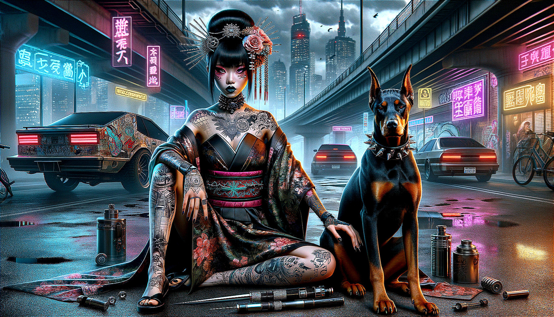 Futuristic Urban Scene with Woman in Floral Kimono