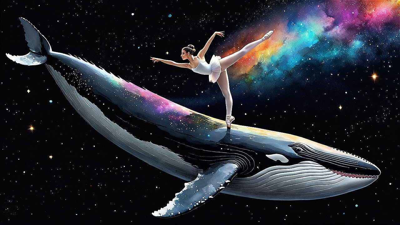 Ballet Dancer on Whale in Cosmic Space Scene