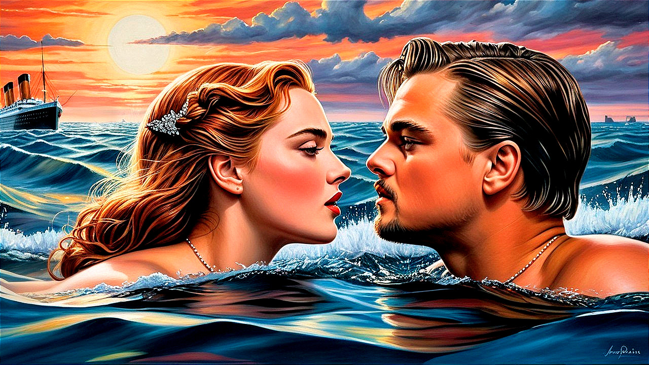 Lovers Embrace at Sunset with Titanic in Background