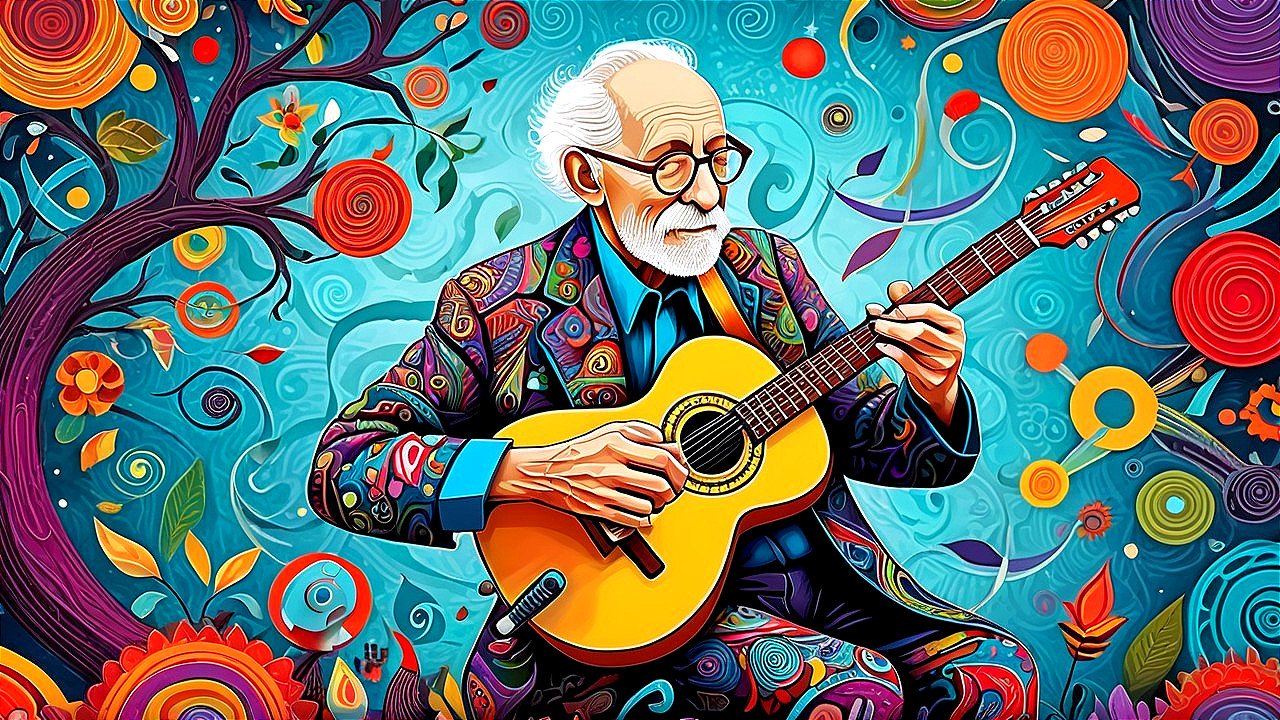 Elderly man in vibrant suit plays yellow guitar amidst colors