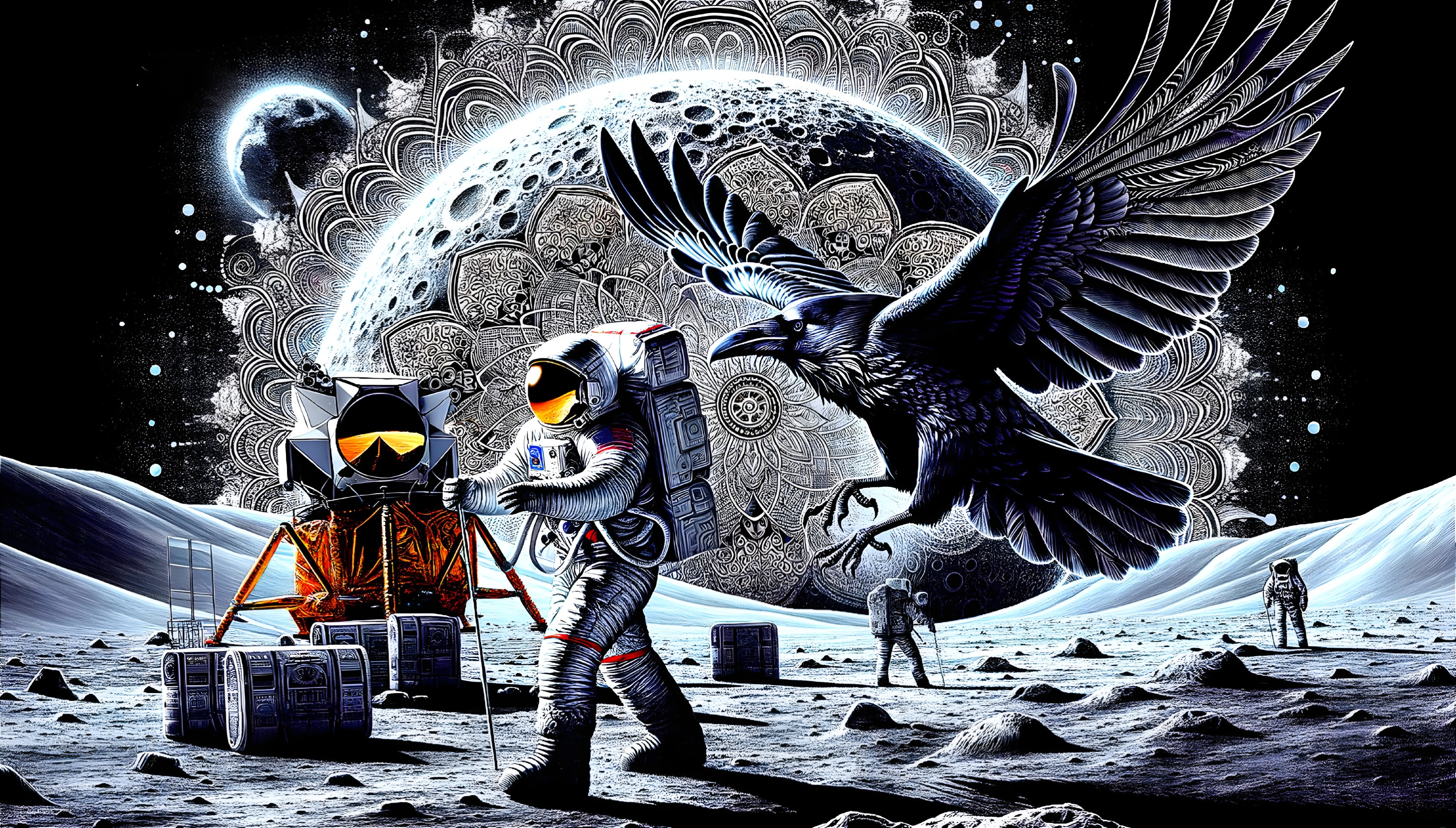 Futuristic Lunar Landscape with Astronauts and Raven