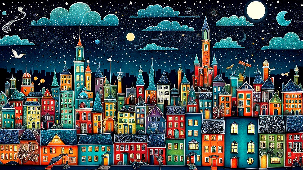 Whimsical Cityscape Under a Starry Night Sky