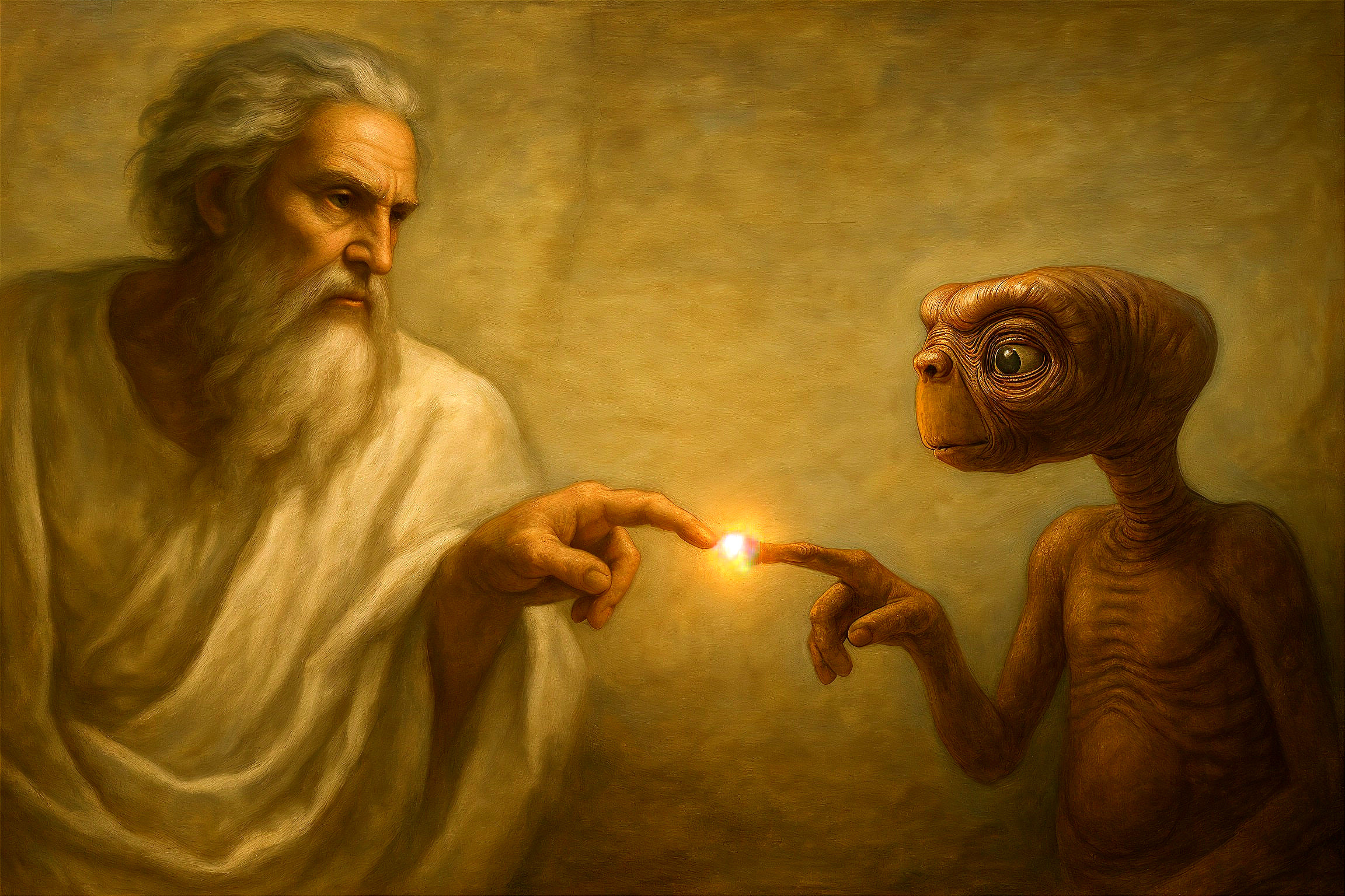 Divine figure and extraterrestrial creature in encounter