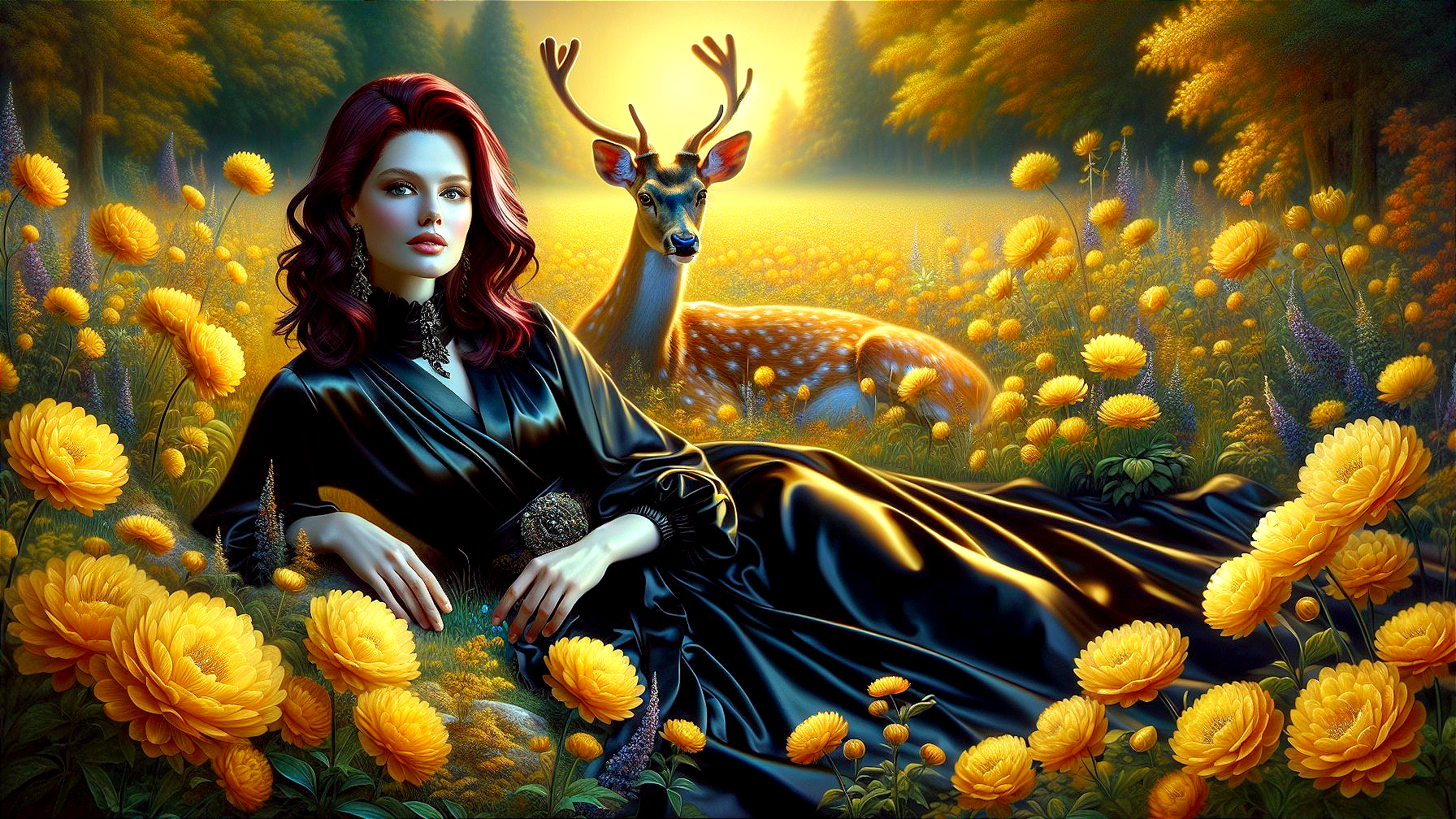 Woman in Black Dress Among Yellow Flowers and Deer