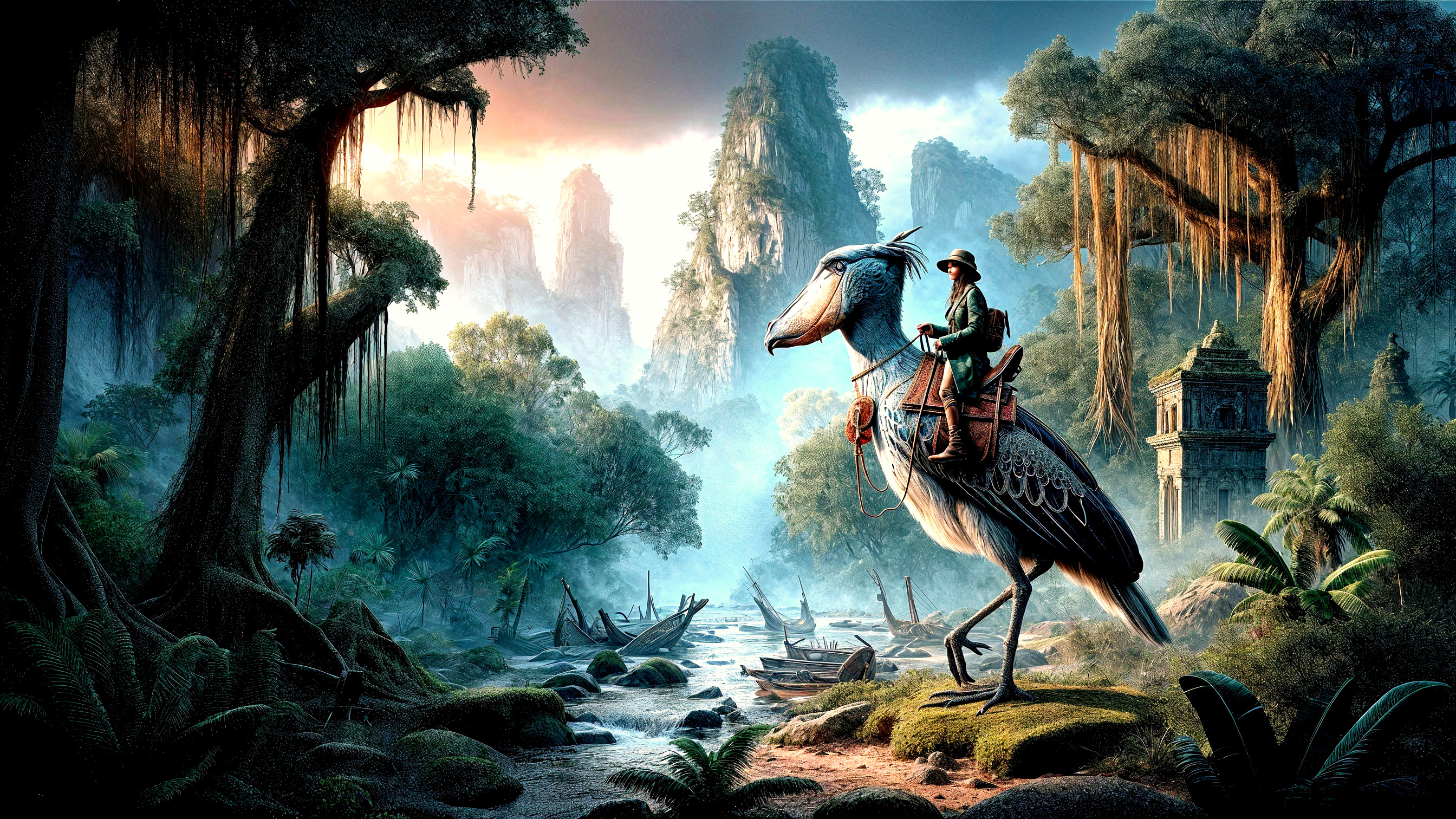 Majestic Bird Mount in Mystical Landscape at Dawn