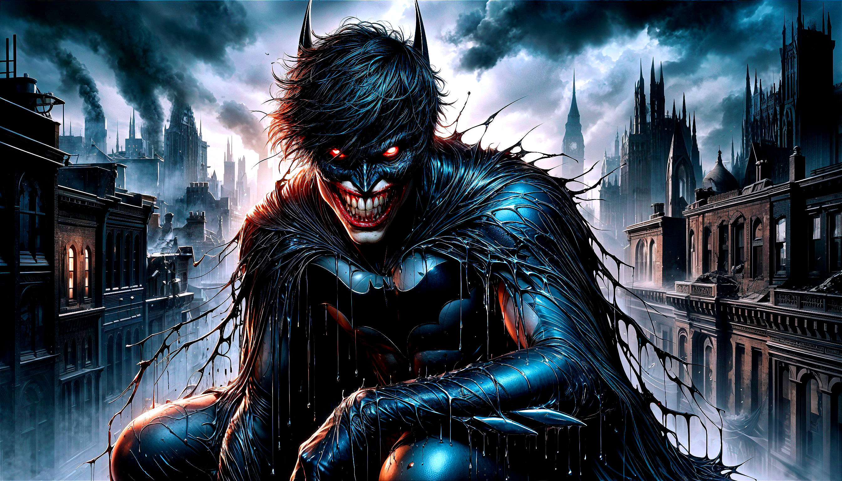 Gothic Cityscape with Menacing Figure in Bat Suit