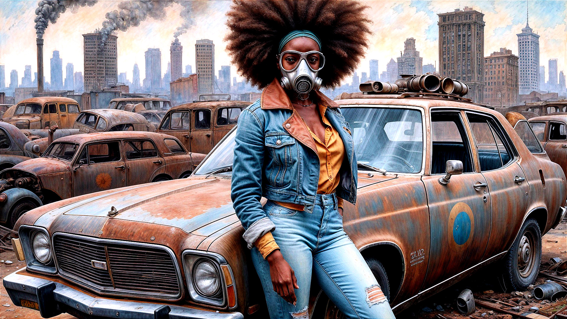 Post-Apocalyptic Cityscape with Young Woman and Car