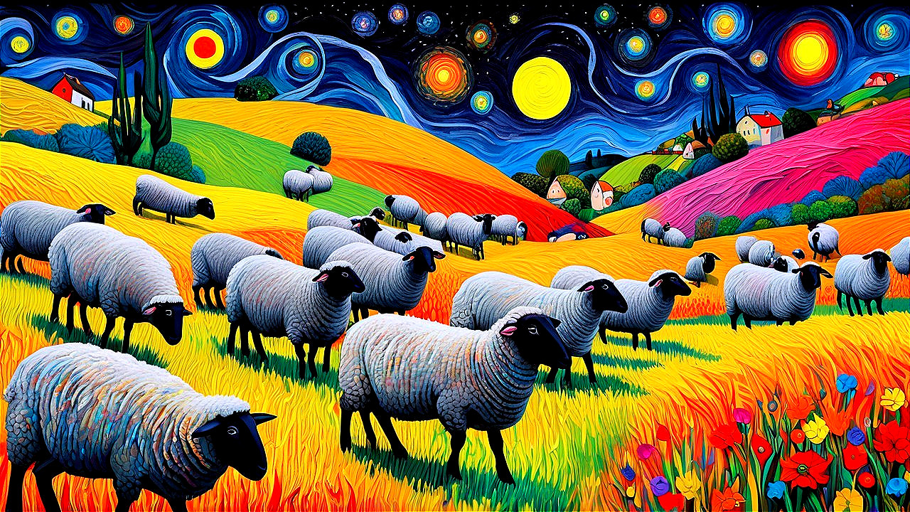Vibrant Pastoral Landscape with Rolling Hills and Sheep
