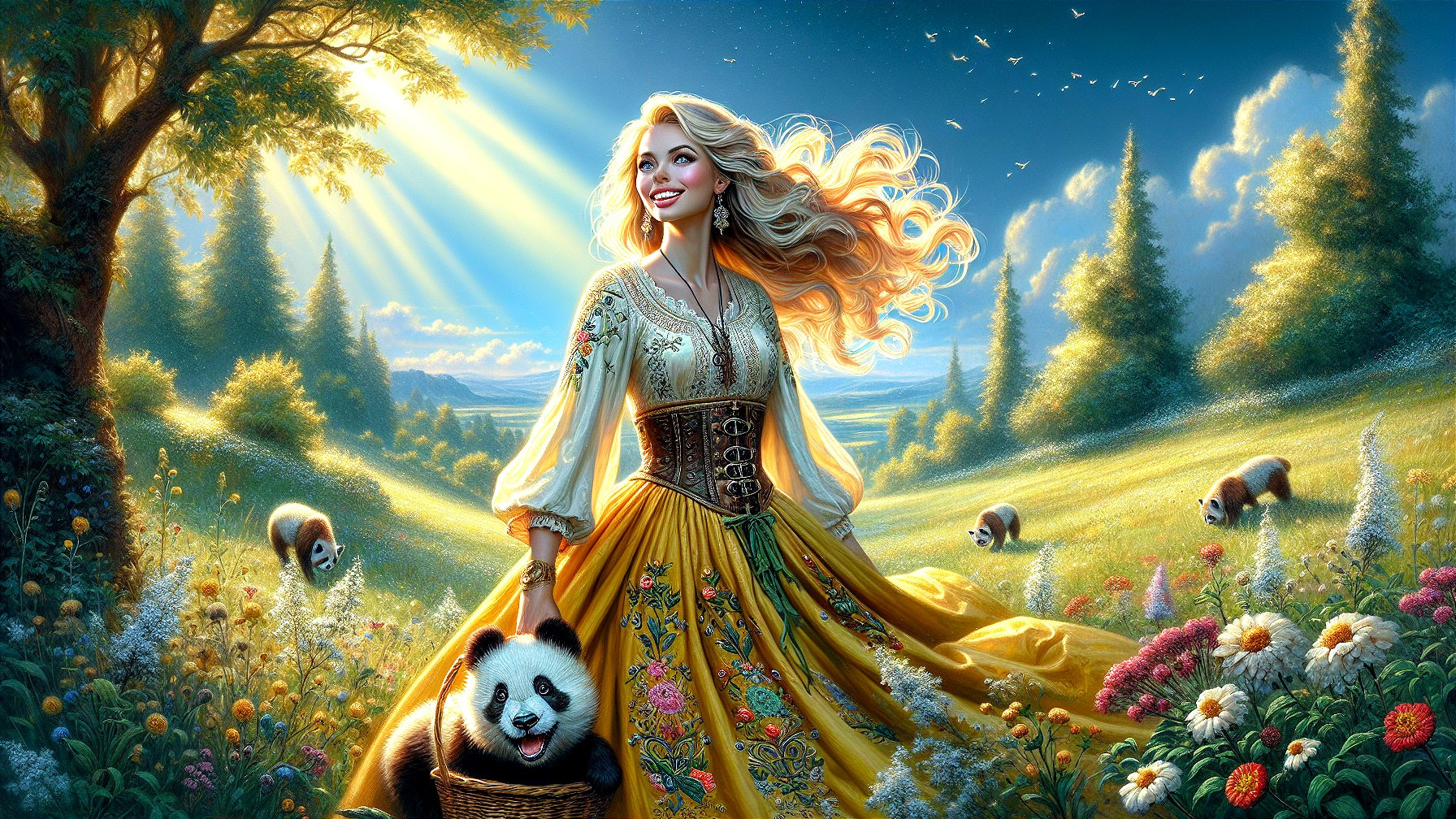 Joyful Woman in Colorful Dress with Panda in Meadow