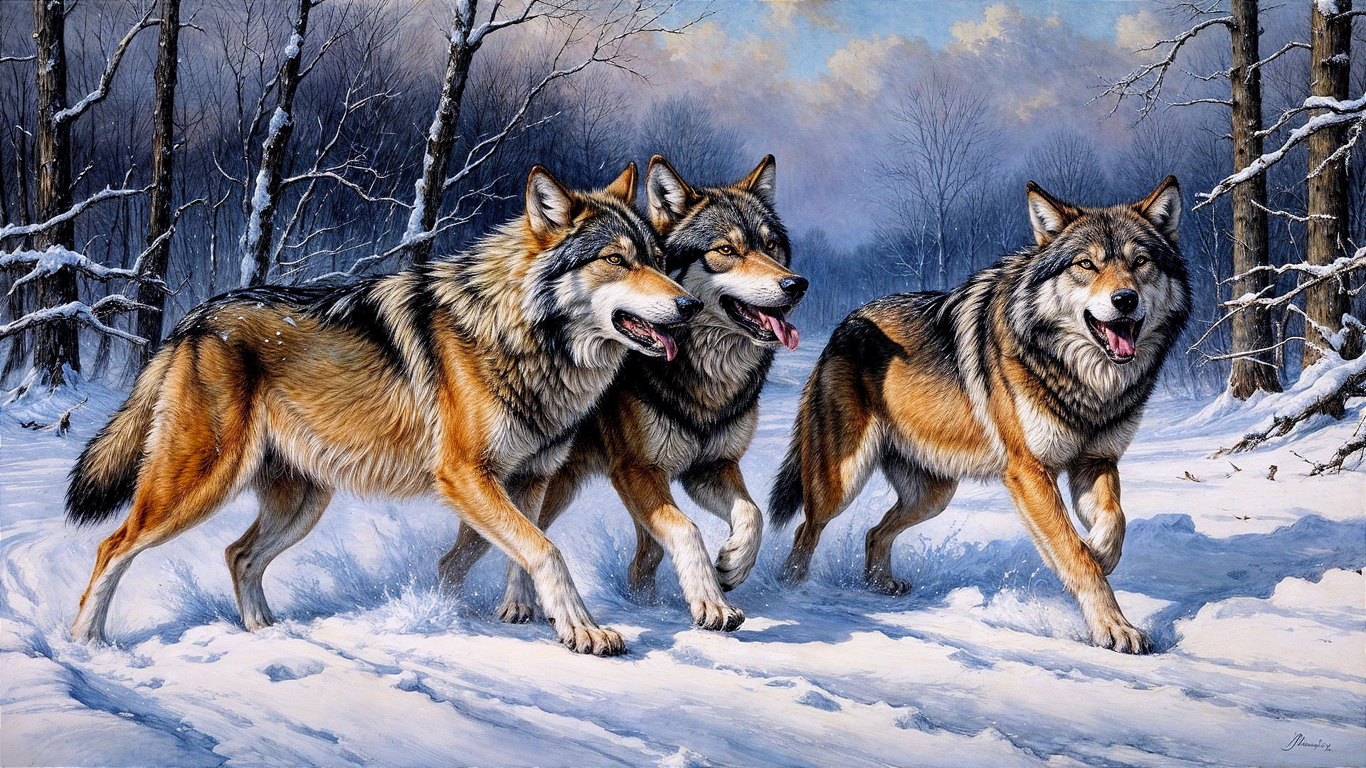 Winter Landscape with Wolves in Snowy Setting