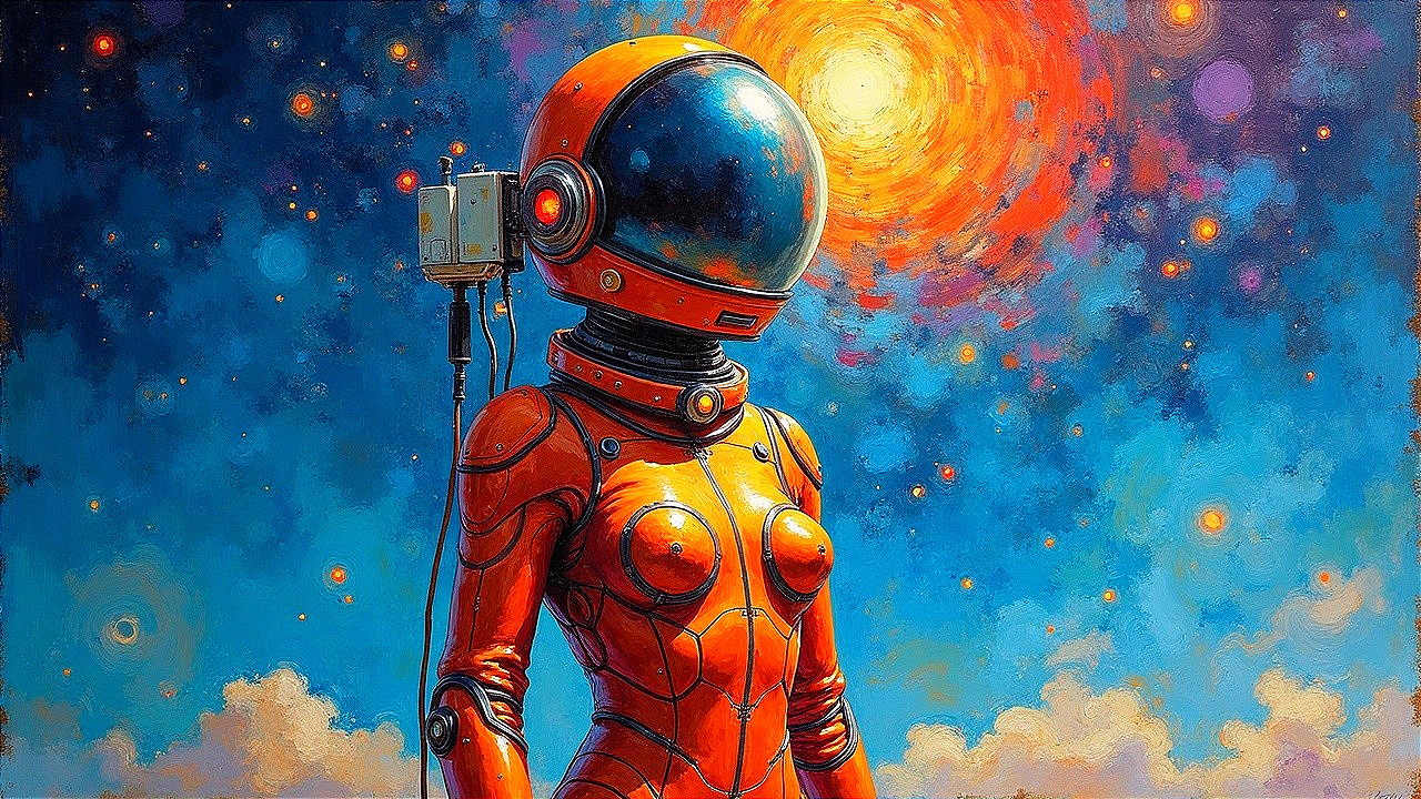 Futuristic Humanoid in Orange Space Suit Against Cosmos