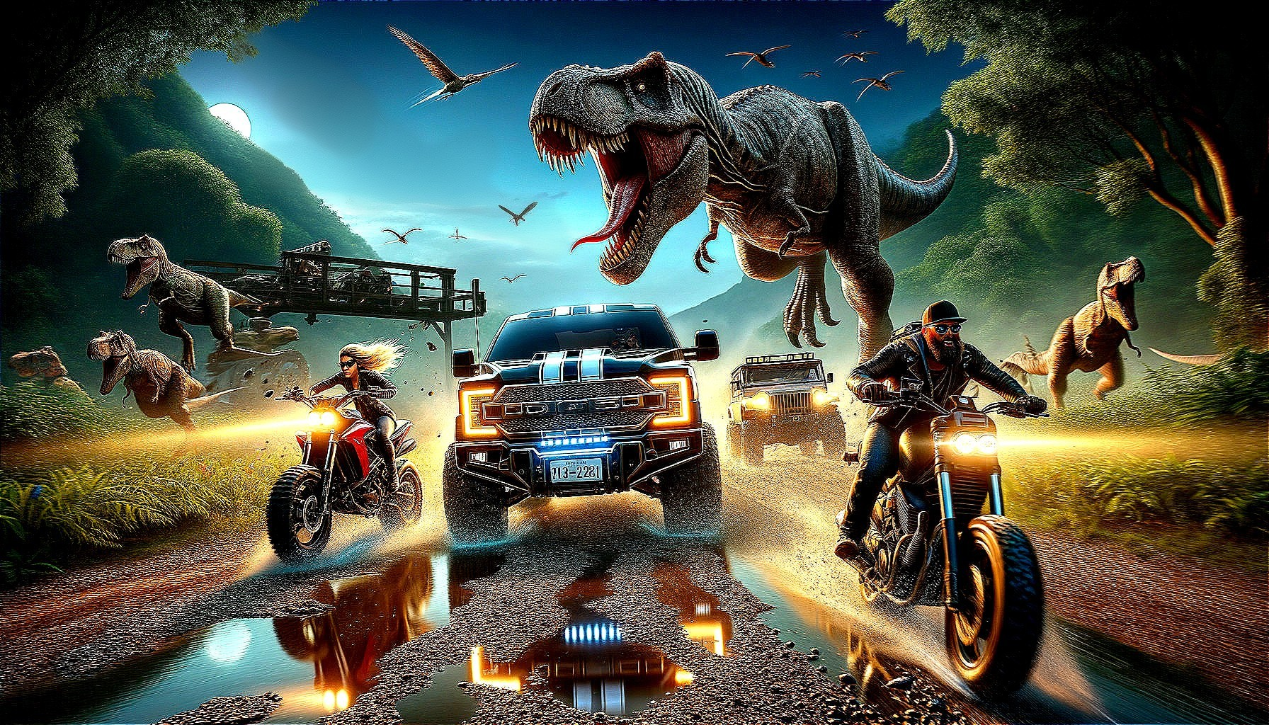 Off-Road Vehicles Chase T-Rex in Prehistoric Landscape