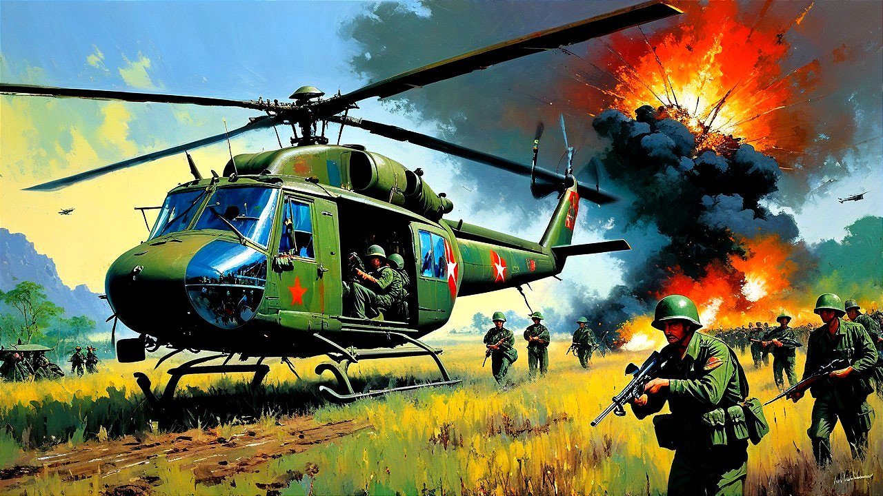 Military Helicopter Over Battlefield with Soldiers Moving