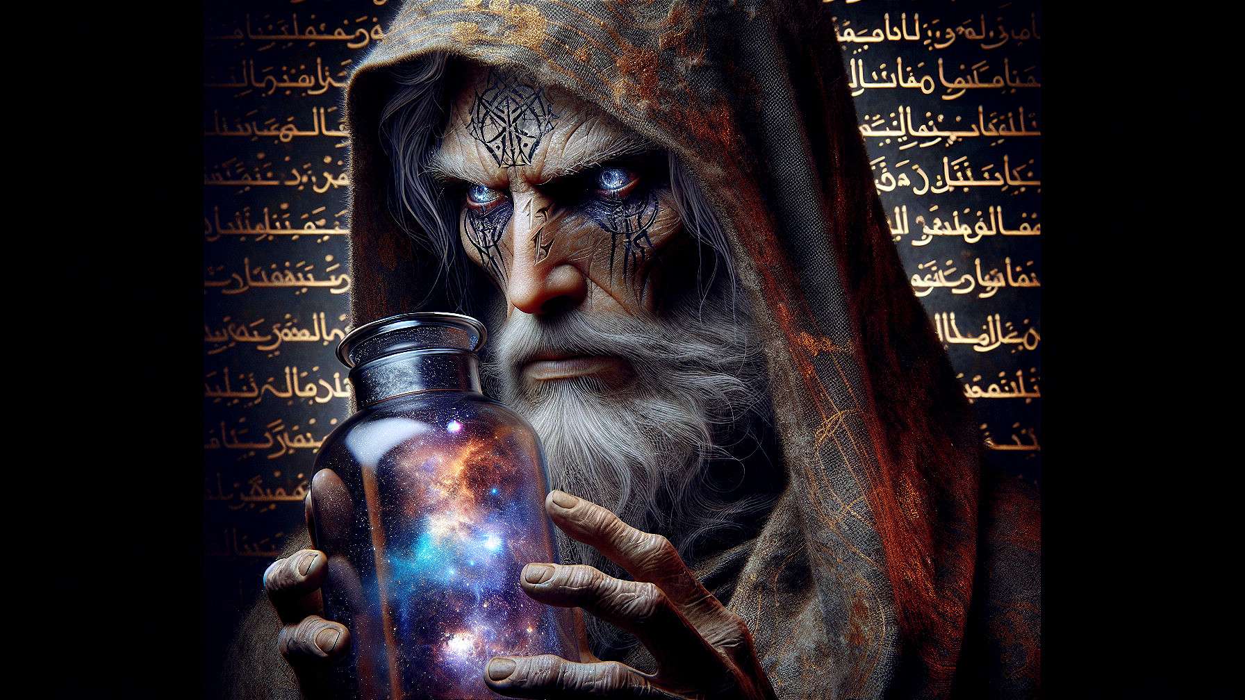 Ancient figure with glowing jar and mystical markings