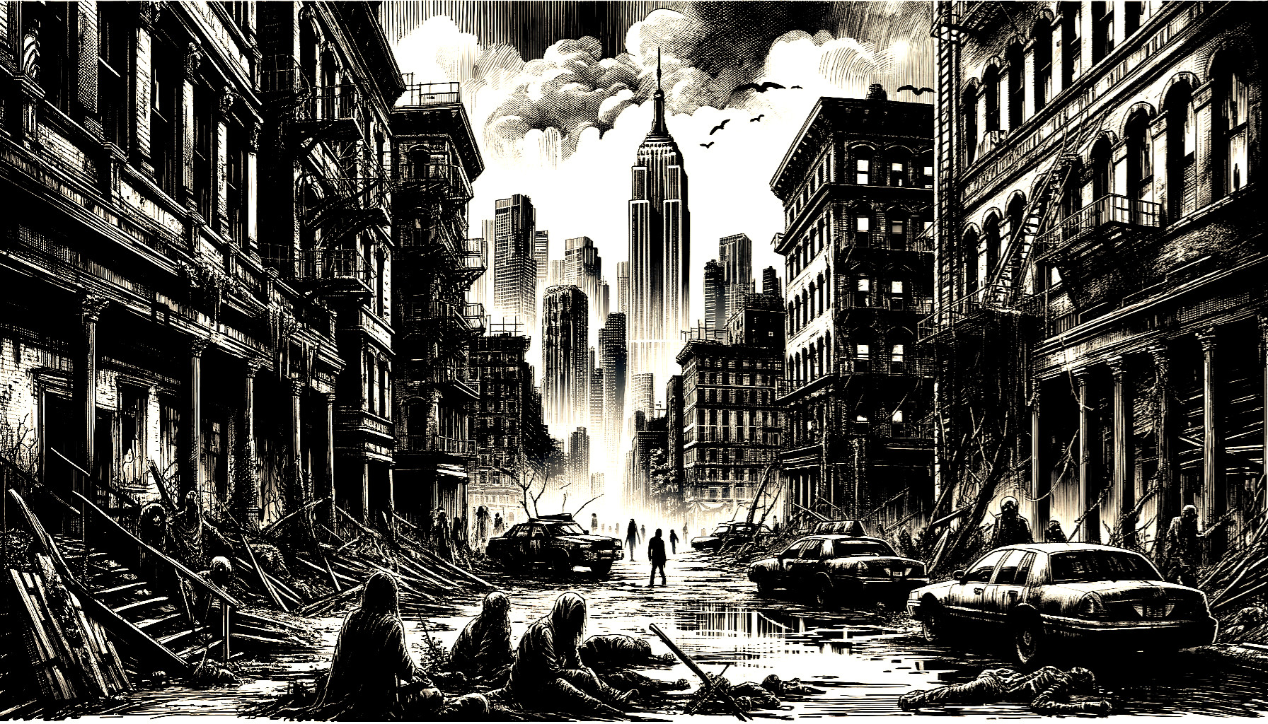 Monochromatic Dystopian Cityscape with Debris and Silence