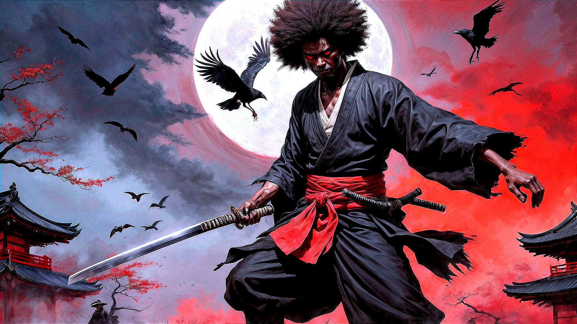 Warrior in Kimono Under Full Moon with Crows