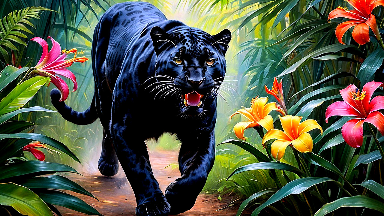 Black Panther in Lush Jungle with Vibrant Foliage