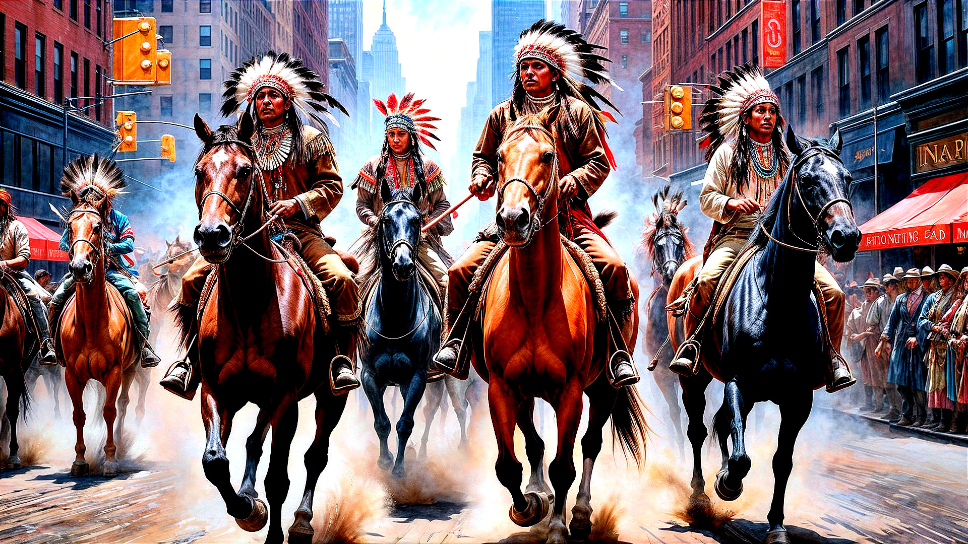 Native American Figures on Horseback in Urban Setting