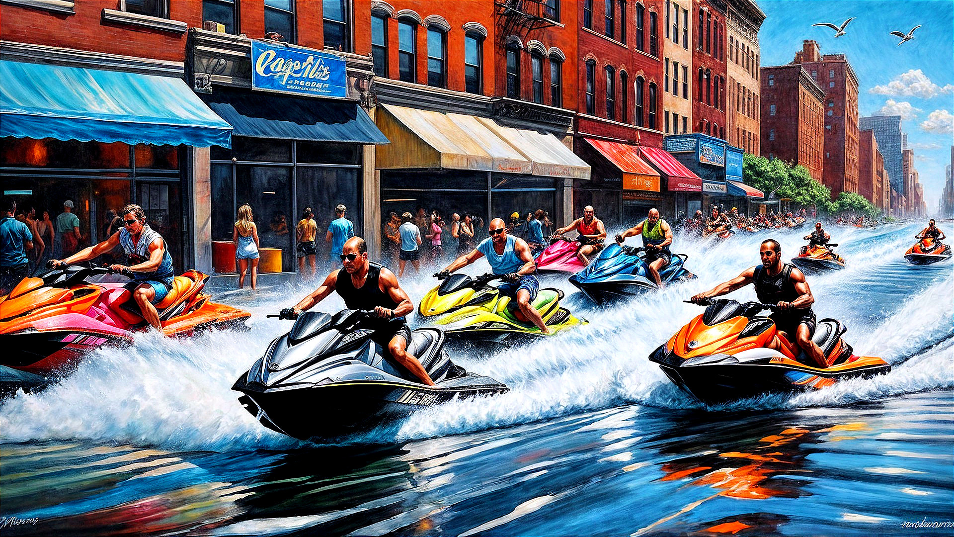 Vibrant City Scene with Jet Skis in Urban Waterway