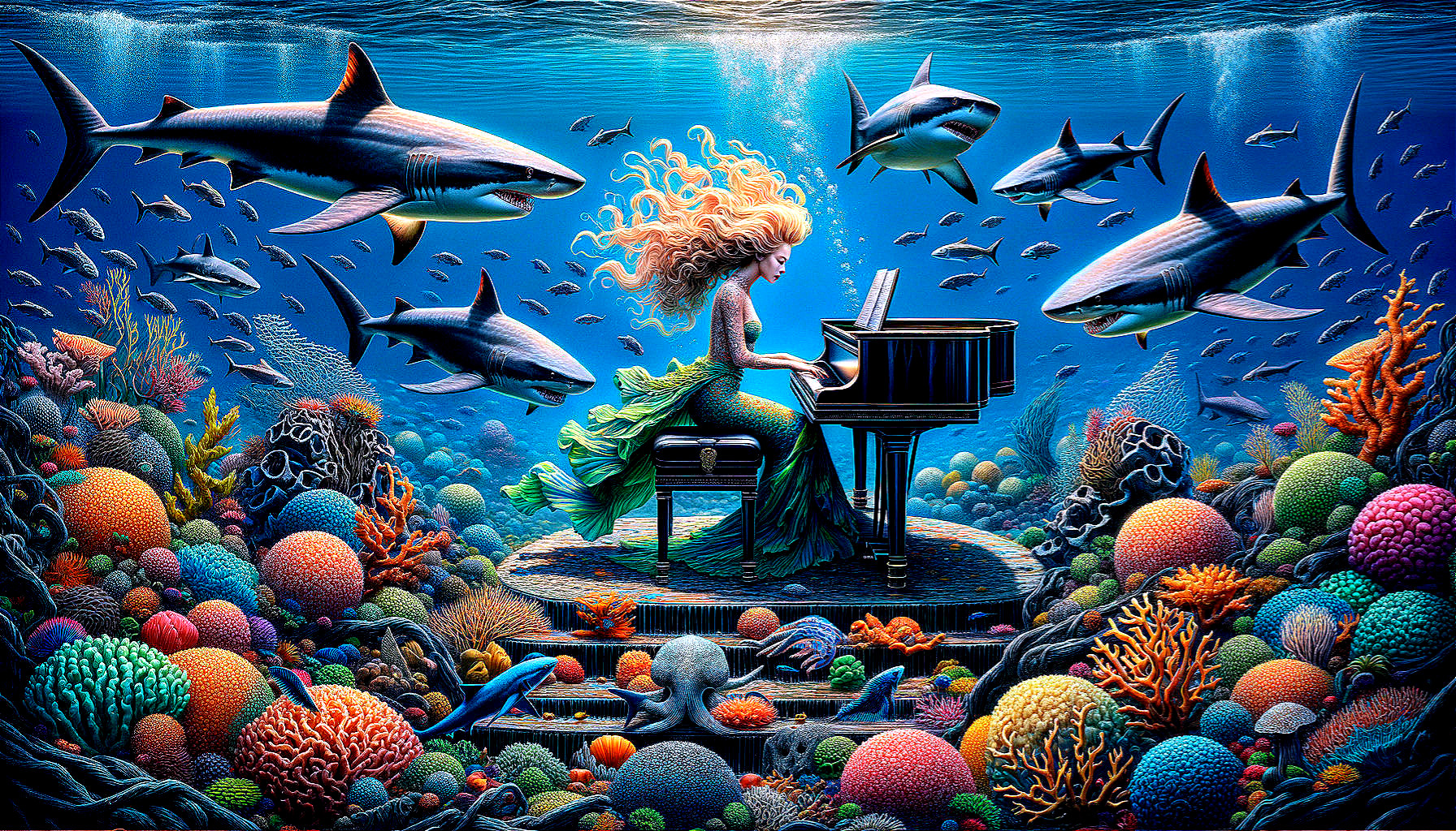 Underwater Scene with Woman Playing Grand Piano