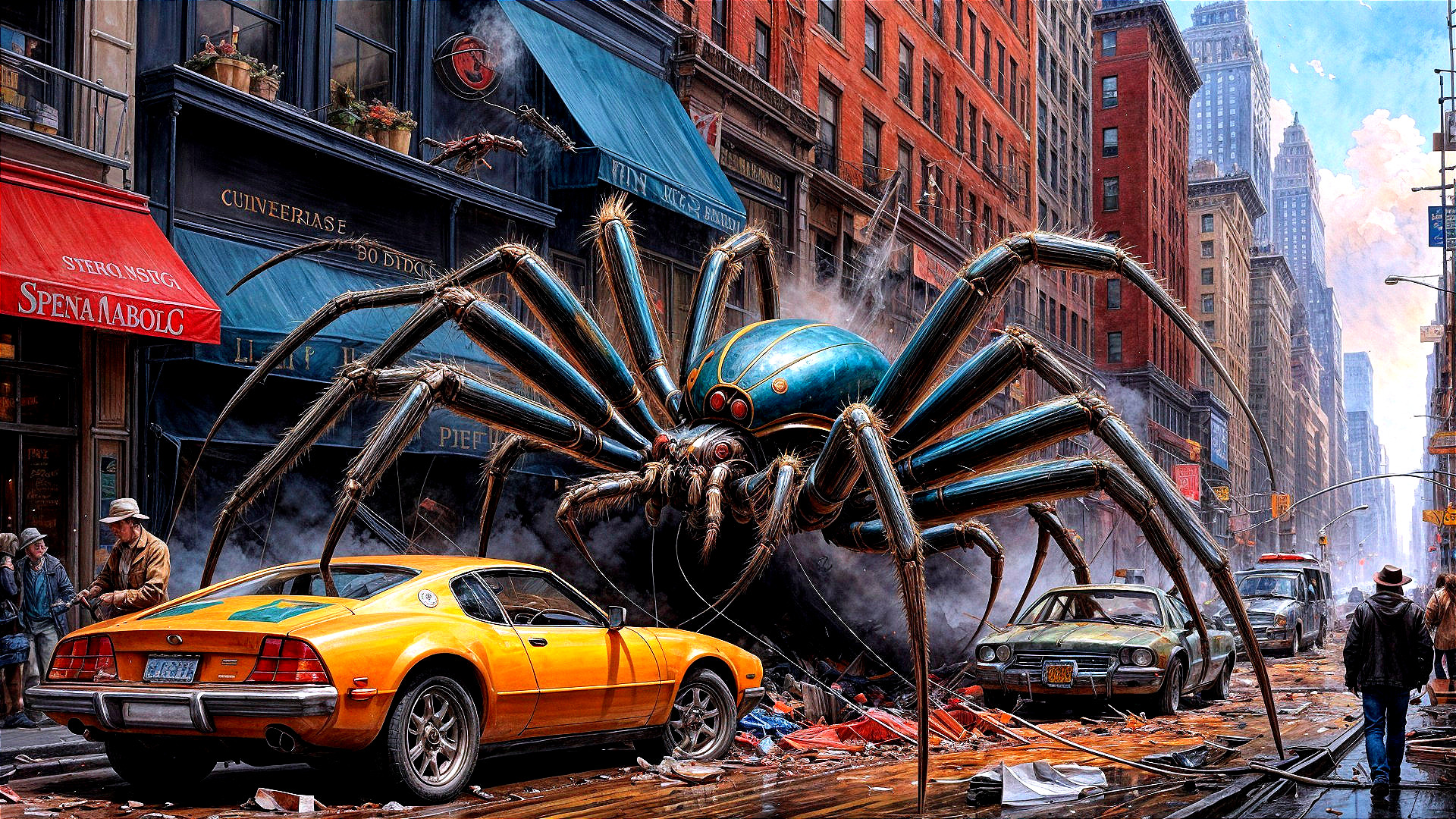 Giant Colorful Spider Overlooks Urban Street Scene