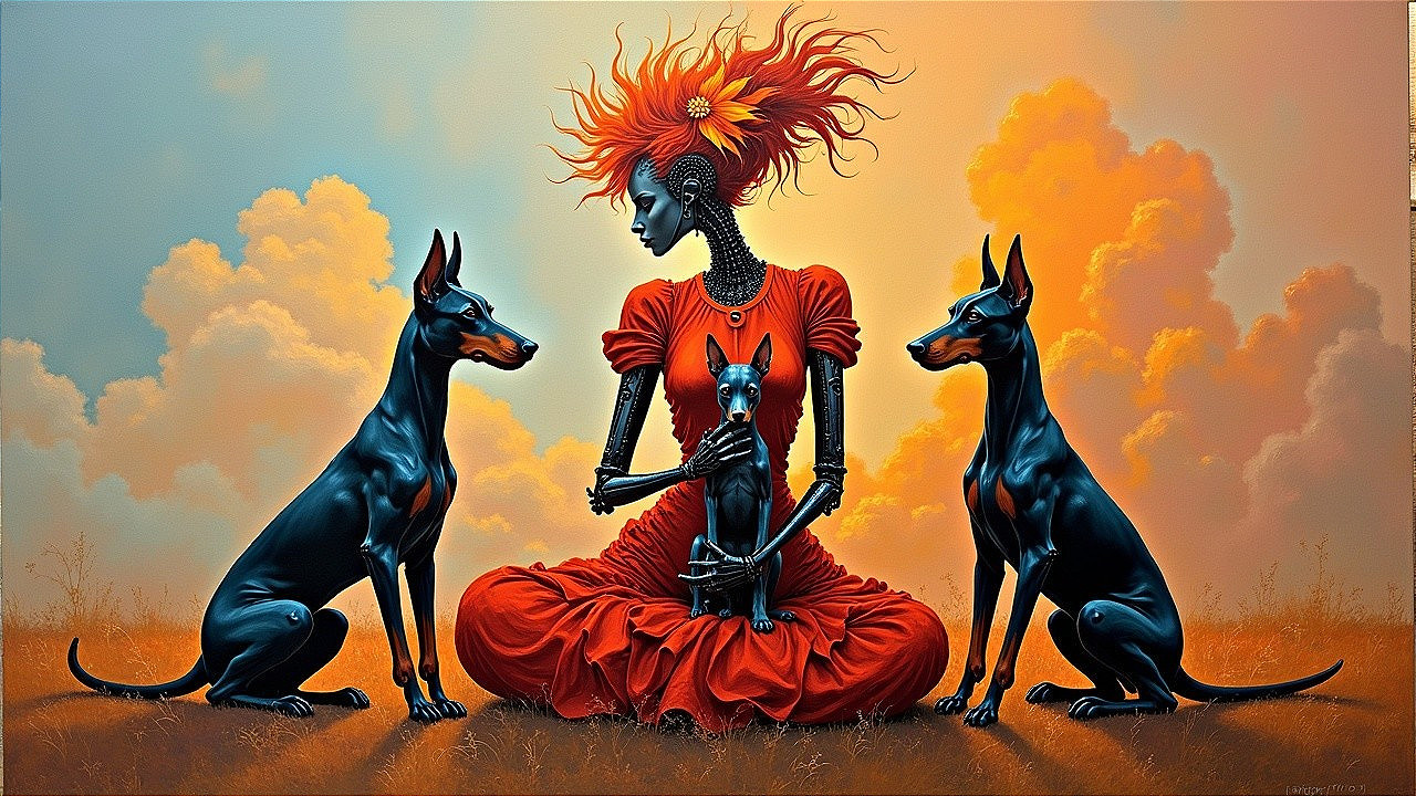 Surreal Scene of Woman with Red Hair and Dogs