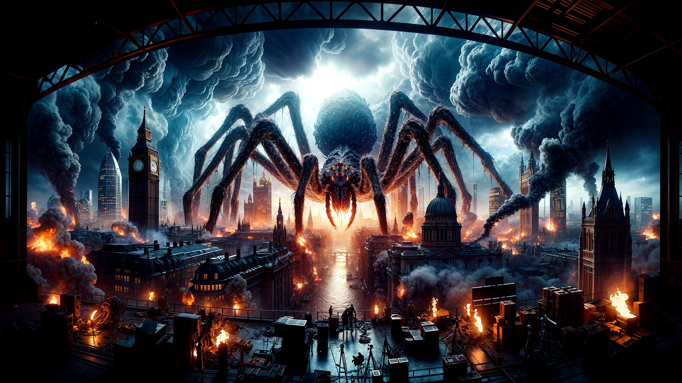 Giant Spider Over City in Apocalyptic Chaos Scene