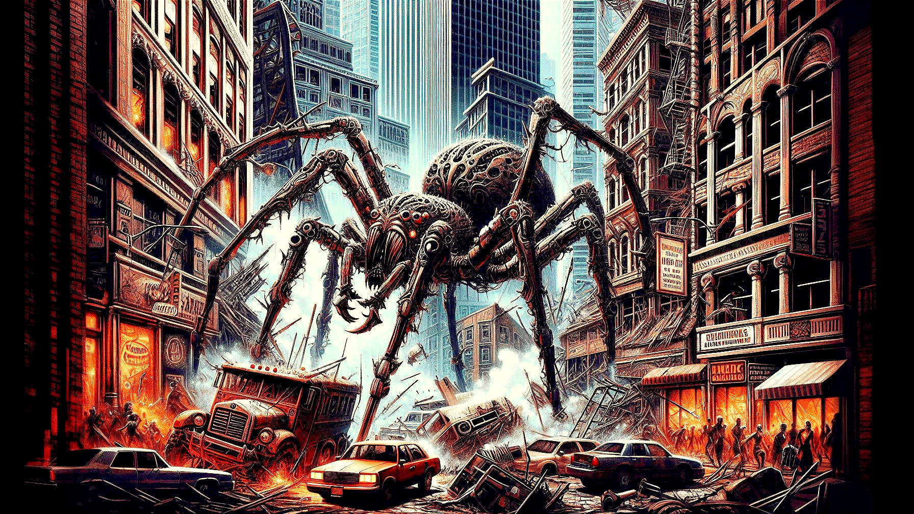 Mechanical Spider in Chaotic Cityscape with Flames
