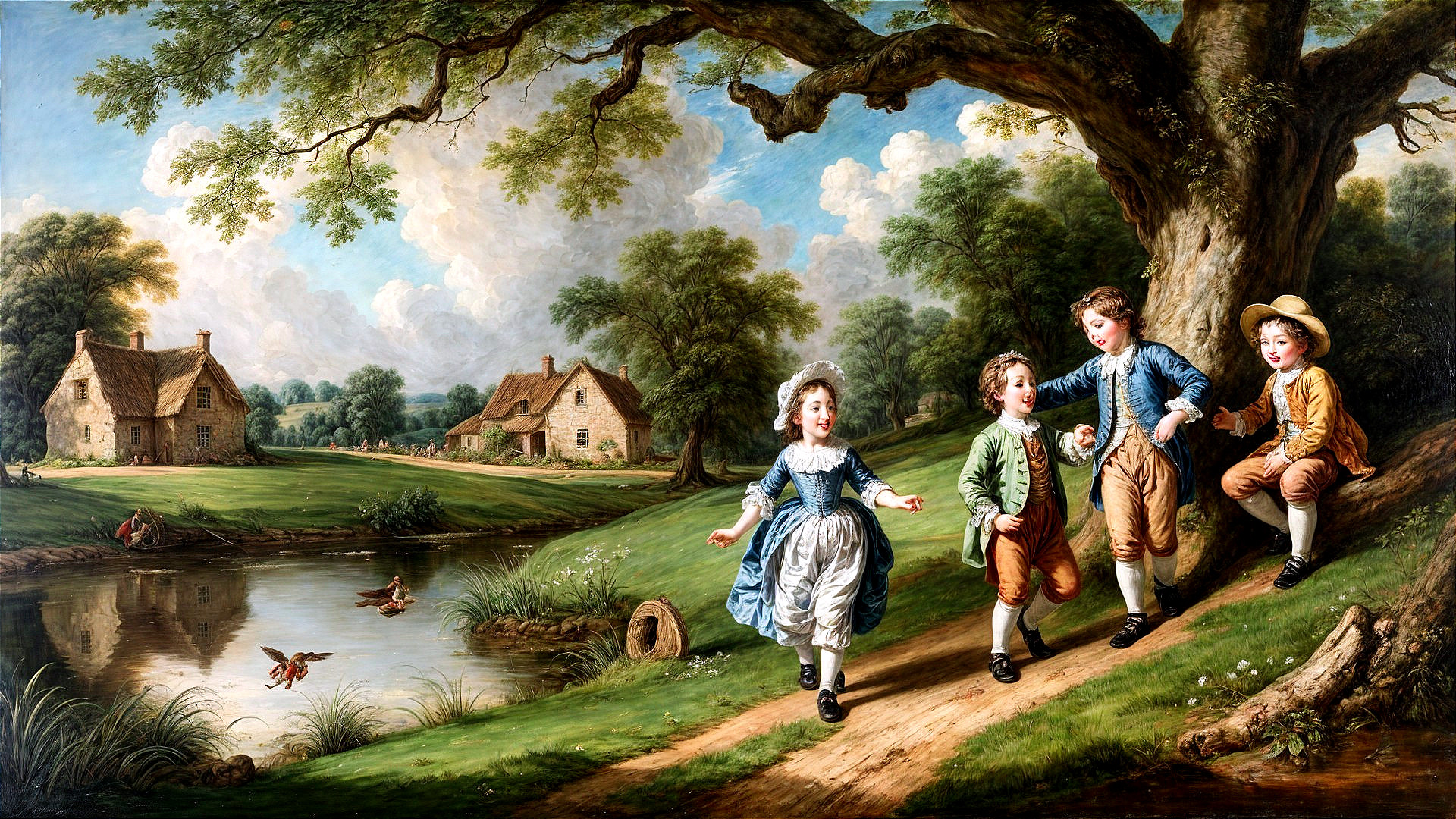 Children Playing by a Serene Pond in Rural Setting
