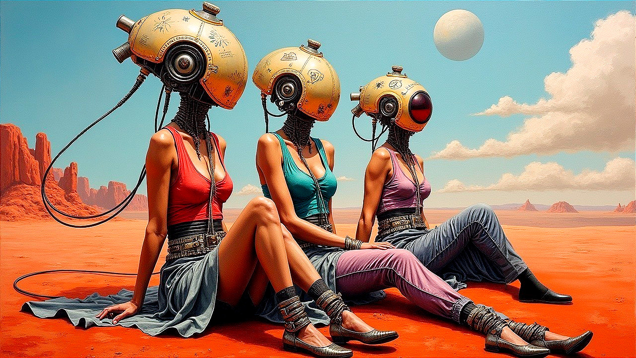 Surreal Scene of Women in Futuristic Headgear in Desert
