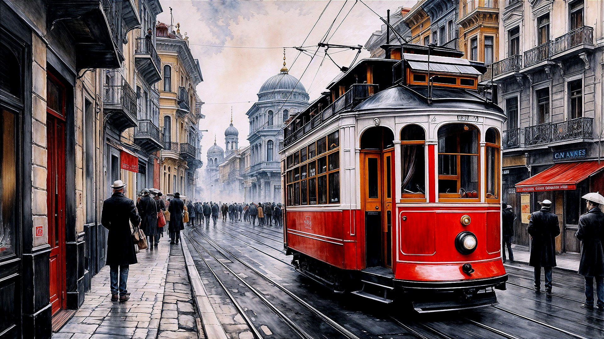 Vibrant City Street with Red Tram and Victorian Buildings