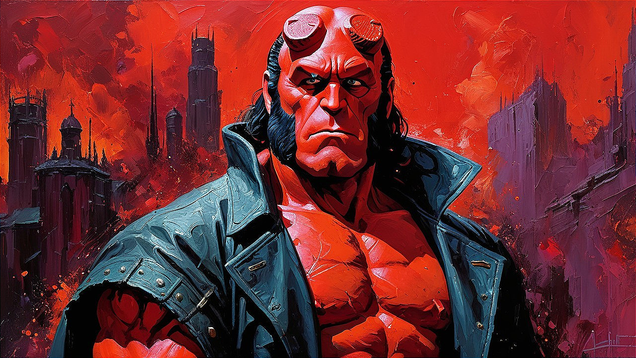 Muscular Red-Skinned Figure with Horns in Fiery Setting