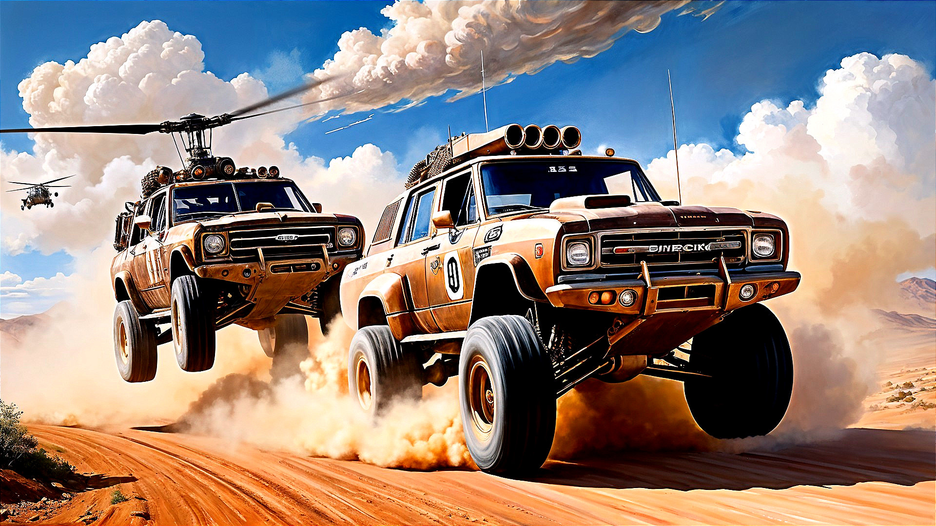 Off-road vehicles in a dusty landscape with helicopter