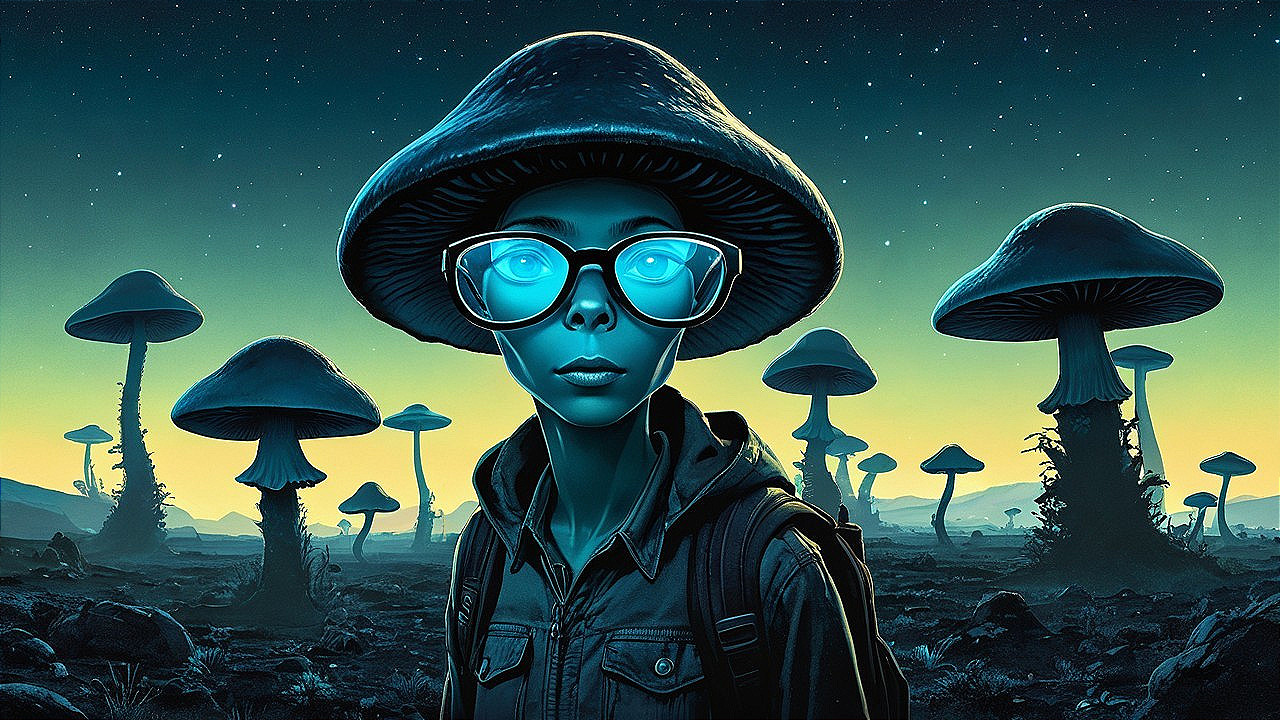 Surreal Landscape with Glowing Mushrooms and Figure