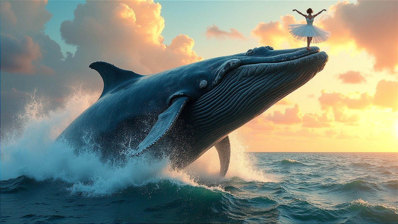 Ballerina Dances on Whale Against Sunset Sky