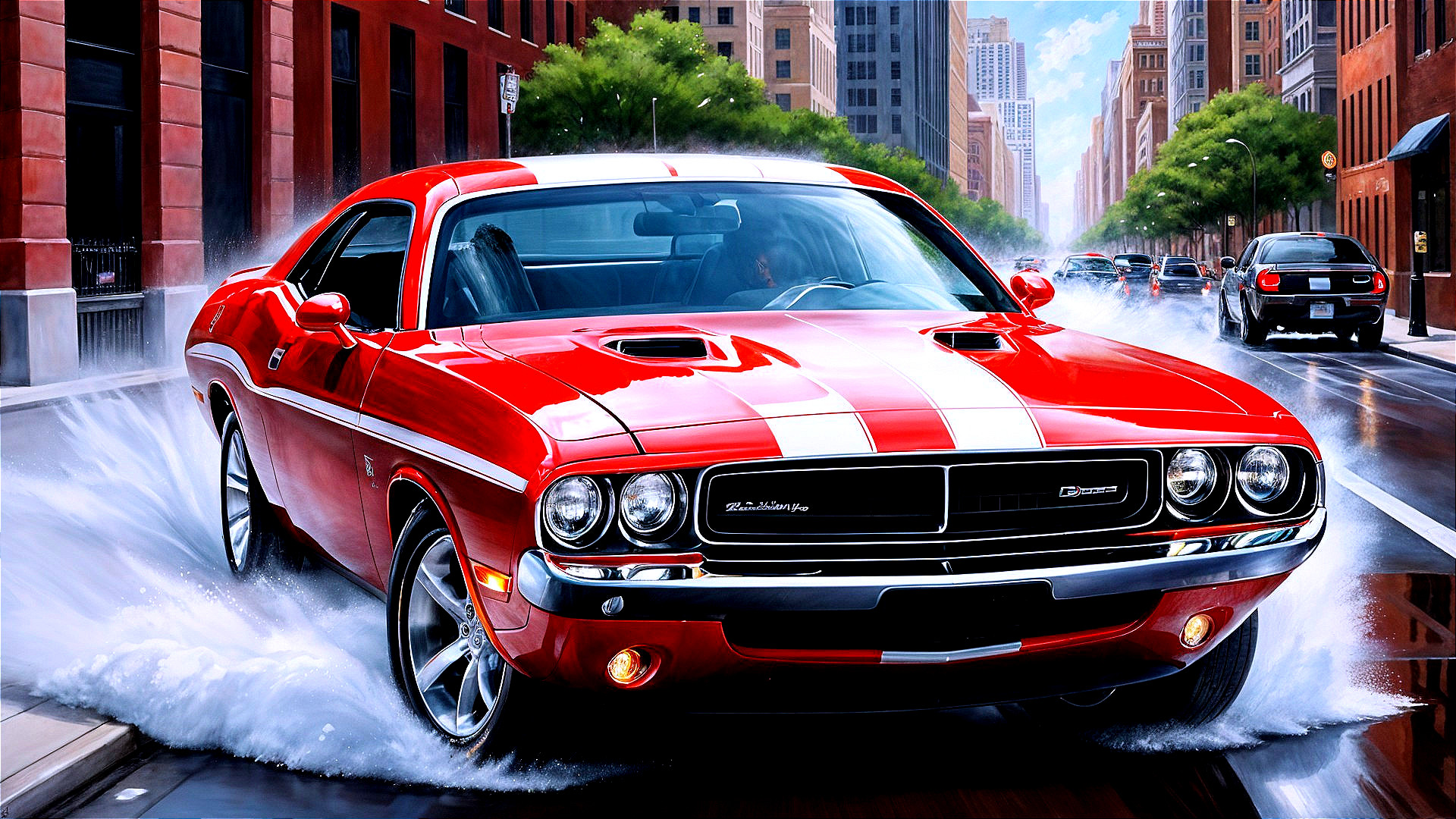 Vibrant Red Muscle Car on Wet City Street