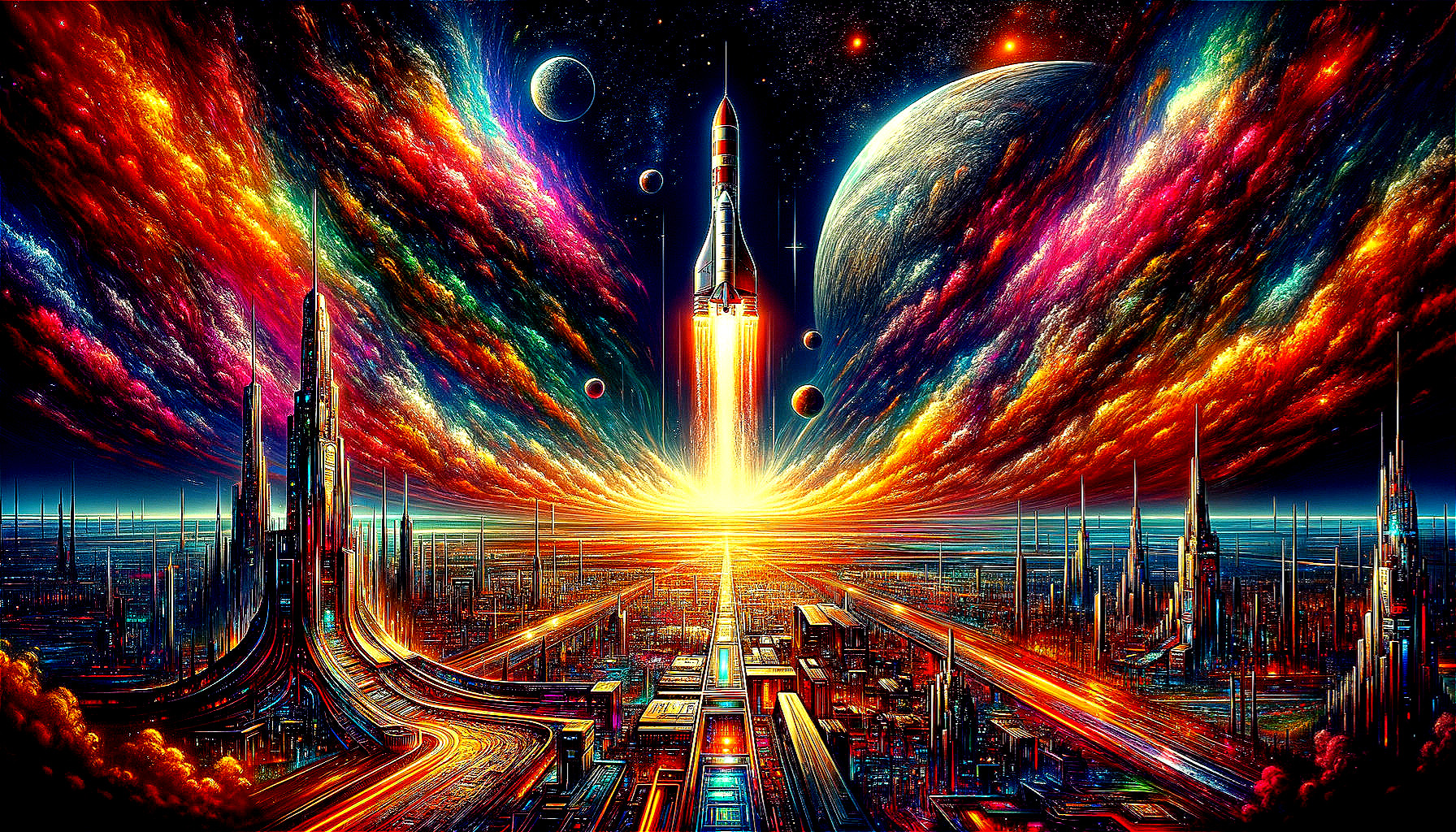 Futuristic Cityscape with Rocket Launch and Cosmic Sky