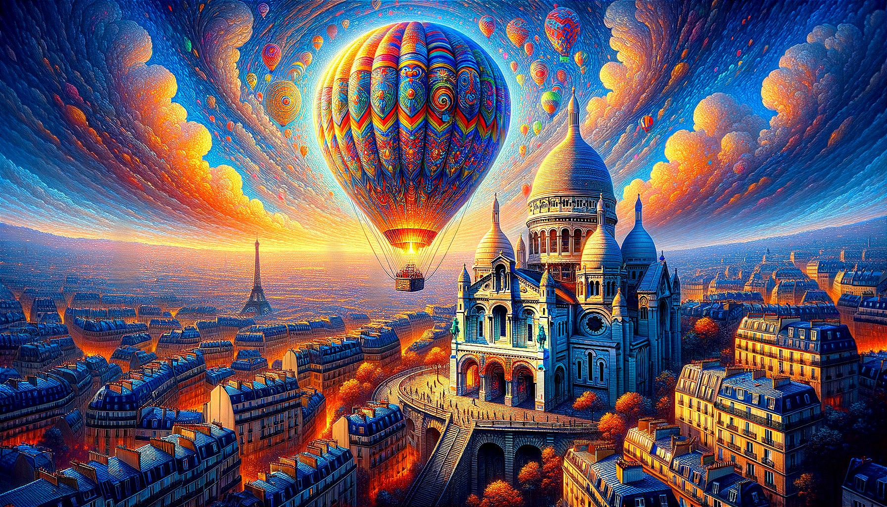 Surreal Hot Air Balloon Over Cityscape at Sunset