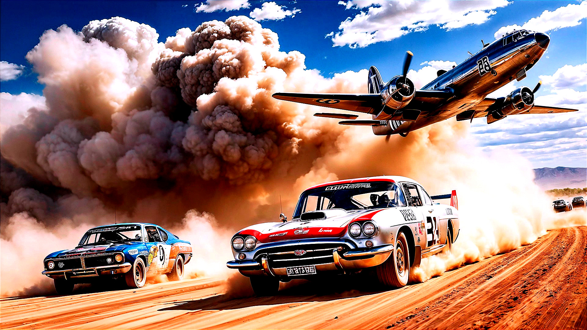 Vintage Car Race on Dusty Track with Airplane Above
