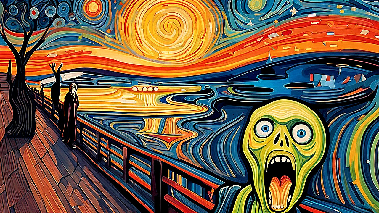 Fusion of Swirling Sky and Anguished Figure Art