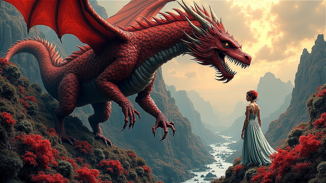 Majestic red dragon and woman in dramatic landscape