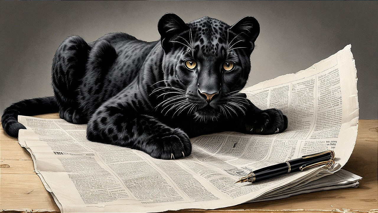 Black Panther on Newspaper with Golden Eyes and Pen