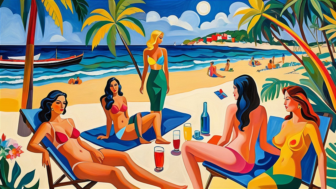 Vibrant Beach Scene with Women in Colorful Bikinis