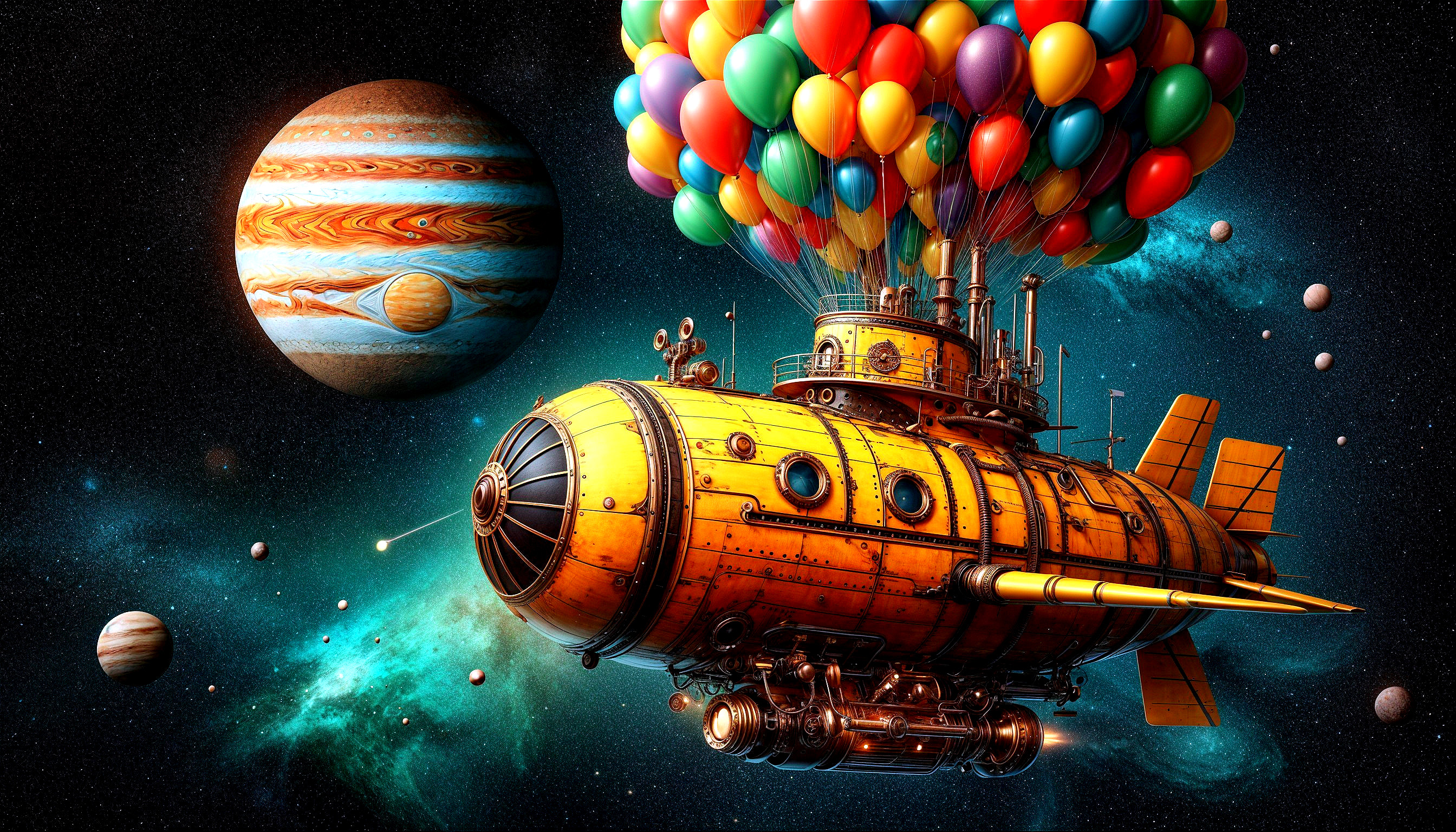 Whimsical Yellow Steampunk Submarine in Cosmic Space