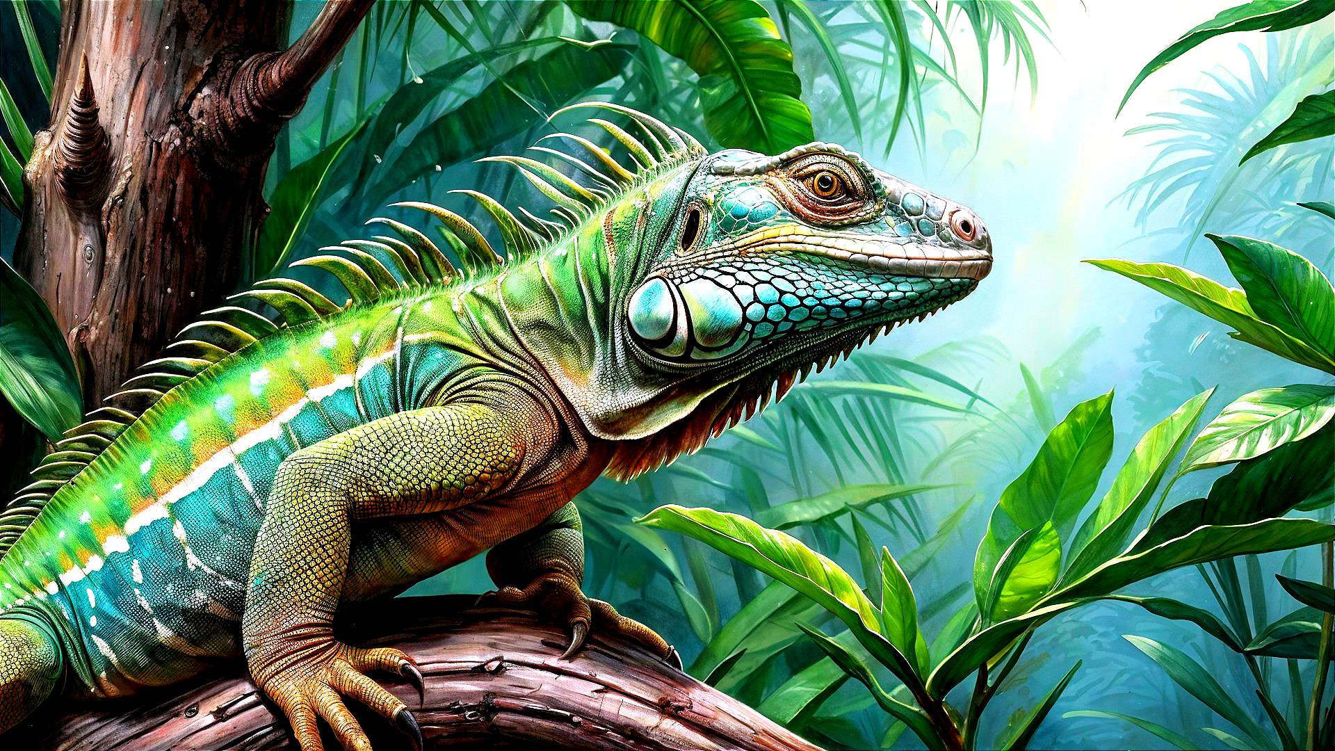 Vibrant Green Iguana in Lush Tropical Foliage